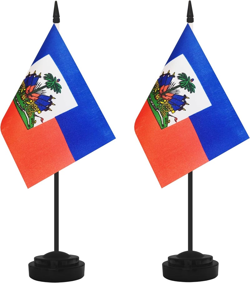 Yamiuo 2 Pack Haiti Desk Flag Set, Haitian Desktop Small Miniature Table Office Flag with 12" Black Pole and Black Base, Offices, Classroom, Home, Festival Decoration (Haiti) - Image 1